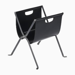 Italian Folding Magazine Rack in Black Leather and Iron, Italy, 1970s