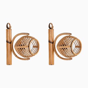 French Riviera Adjustable Sconces in Rattan by Louis Sognot, 1960s, Set of 2