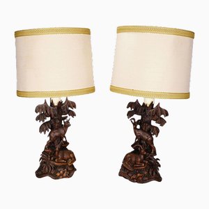 Lampes de Bureau Forêt-Noire Sculptées avec Bouquetin et Chamois, 1890s, Set de 2