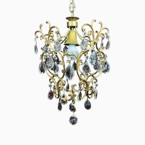 Lampadario vintage in ottone e cristallo, anni '40