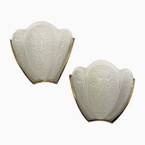 Art Deco Style Brass and Glass Wall Lamps, France, 1940s, Set of 2