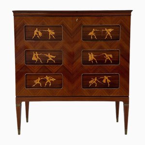 Mueble bar italiano Art Déco de teca e incrustaciones de Paolo Buffa, años 50