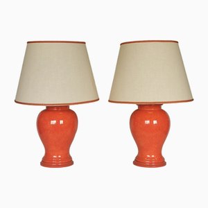 Orange Glazed Ceramic Lamps, 1975, Set of 2