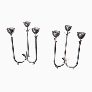 Art Deco Stainless Steel Three-Flame Candlesticks, 1970, Set of 2