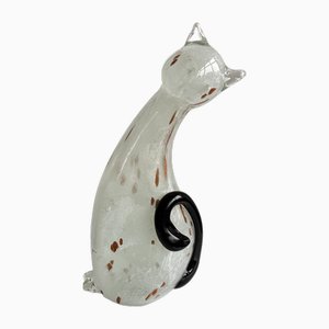 Sculpture Chat Vintage en Verre de Murano Blanc avec Éléments Dorés, Italie, 1970s