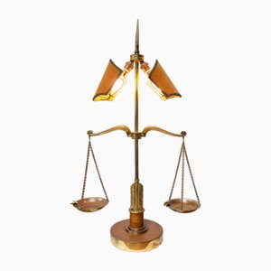 Lámpara de mesa Balance de latón y cuero, años 70