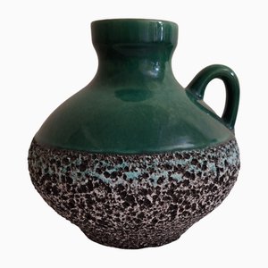 Vintage Keramikvase mit Grüner Glasur & Weißgrauer Lavaglasur, 1970er
