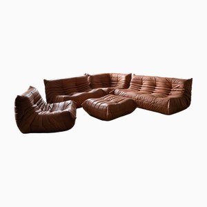 Set da salotto Togo in pelle marrone di Michel Ducaroy per Ligne Roset, set di 5