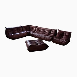 Juego de salón Togo de cuero burdeos de Michel Ducaroy para Ligne Roset. Juego de 5