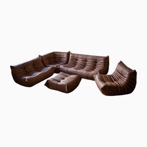 Mobilier de Salon Togo en Cuir Bordeaux par Michel Ducaroy pour Ligne Roset, Set de 5