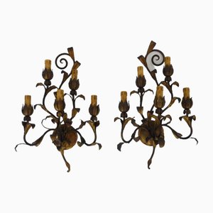 Vintage Italian Foliage Flower Wall Lights in Gold Metal, 1950s