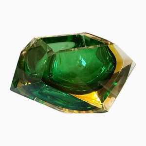 Posacenere Sommerso modernista in vetro di Murano giallo e verde attribuito a Seguso, anni '70