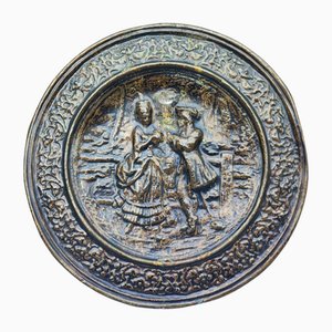 Art Deco Decorative Brass Plate with Copper Engraving, 1930s
