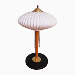 Lampada da tavolo grande, Scandinavia, in opalino bianco e teak