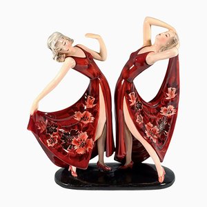 Art Déco Twin Dancers Dolly Sisters, Stephan Dakon für Goldscheider zugeschrieben, 1939
