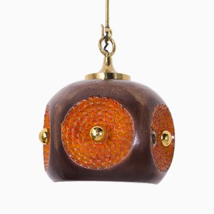 Pendant Lamp in Enamelled Ceramic & Brass, 1970s