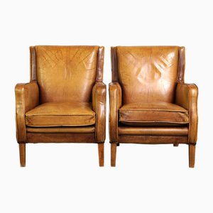 Set of English nLeather Armchairs in Light Cognac Color
