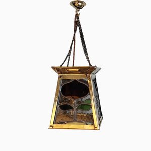 Farol Arts and Crafts de latón y vitrales, década de 1890