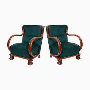 Butacas Art Déco de terciopelo verde, años 40. Juego de 2