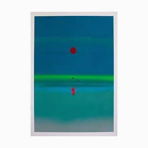 Gozo, Mystical Encounter: Bear Under Red Moon in Tranquil Blue and Green Landscape, 2024, Acrylic on Paper