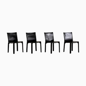 Black Leather Cab 412 Chairs attributed to Mario Bellini for Cassina, 1970s, Set of 4