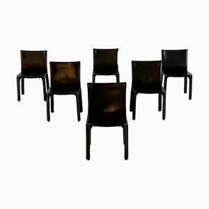 Black Leather Cab 412 Chairs attributed to Mario Bellini for Cassina, 1970s, Set of 6