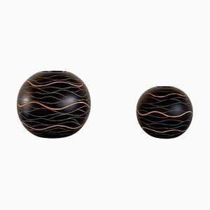 Italian Hand-Crafted Wooden Sphere Vases with Wavy Line Ornamentation, 1980s, Set of 2