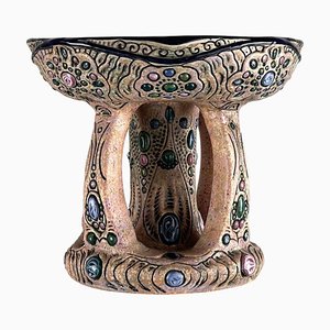 Hand-Painted Ceramic Amphora Czech Riser with Precious Gem Accents, 1930s