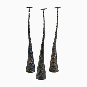 Sculptural Candleholders in Burnished Metal, Italy, 1980s, Set of 3