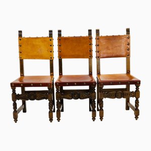 Antique Swedish Folk Art Farm Country Dining Chairs in Pine and Tan Leather, 1890s
