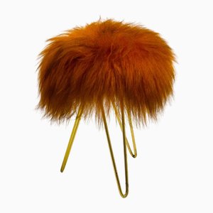 Midcentury Orange Flokati Stool, 1950s