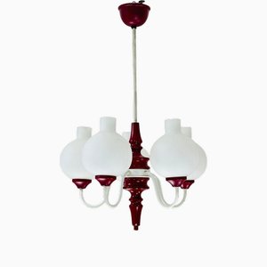 Lustre Mid-Century en Verre Opalin et Corps Bordeaux de Kaiser Leuchten, Allemagne, 1960s