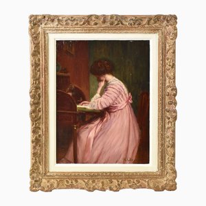 Henri-Charles Angéniol, Young Woman Reading, Oil on Wood, 20th Century, Framed