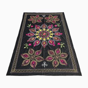 Schwarze Vintage Tischdecke mit Blumenmuster, 1980er