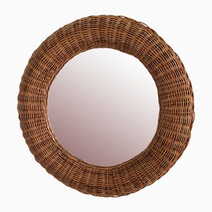 Italian Round Wall Mirror in Rattan, 1970s