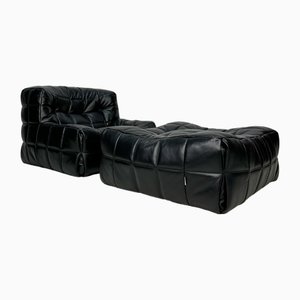 Vintage Kashima Ledersessel & Fußhocker von Michel Ducaroy für Ligne Roset, 1980er, 2er Set