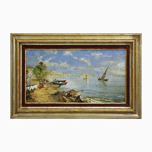 Allegretti Mario Rosario, Melancholic Landscape with Marine Scene of Naples, 1980s, Oil on Wood, Framed
