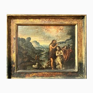 Artiste de l'École de Flamenco, Baptême du Christ, 17ème Siècle, Huile sur Cuivre, Encadrée