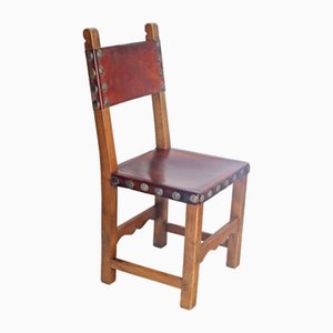 Brutalistischer Spanischer Esszimmerstuhl aus Eiche & Sattelleder, 1960er
