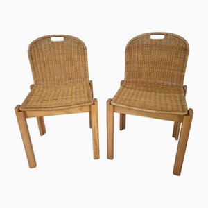 Set of Vintage Wooden and Rattan Chairs, 1970s