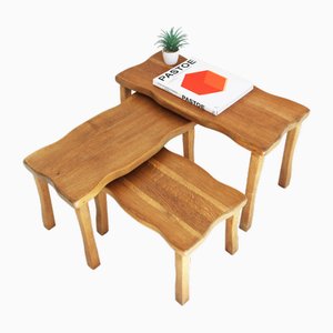 Vintage French Brutalist Nesting Tables in Oak, 1960, Set of 3