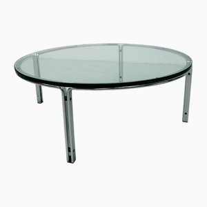 Mesa de centro vintage redonda de vidrio y acero de Horst Brüning para Kill International, años 60