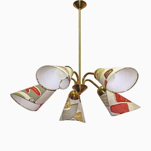 German Brass Pendant Lamp with Fabric Shades "Bag Lamp", 1950s