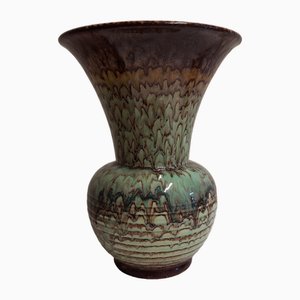Jarrón alemán Art Déco vintage de esmaltado degradado verde y marrón, años 30