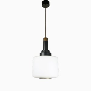 Lampe à Suspension Mid-Century en Métal Noir, Laiton et Verre Opalin dans le style de Stilnovo, 1950s