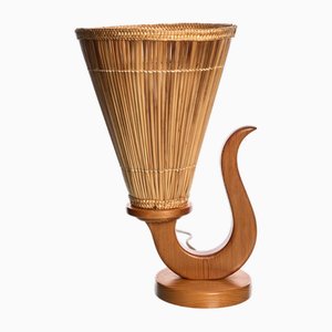 Table Lamp in Wood with Rattan Shade, Sweden, 1950s