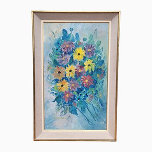 Fernand Rolland, Bouquet of Dahlias, 1961, Huile sur Toile, Encadrée