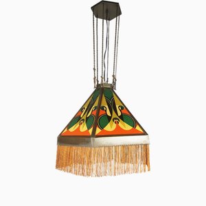Lampe à Suspension Art Déco en Cuivre et Verre Imprimé attribuée à l'École d'Amsterdam, 1920s