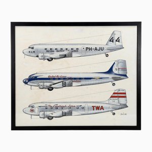 Jean Cuny, Douglas Dakota DC2/3 Illustrations, 1950s, Gouache, Set of 2