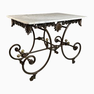 Tavolo da pasticceria antico in ferro battuto e marmo, Francia, fine XIX secolo